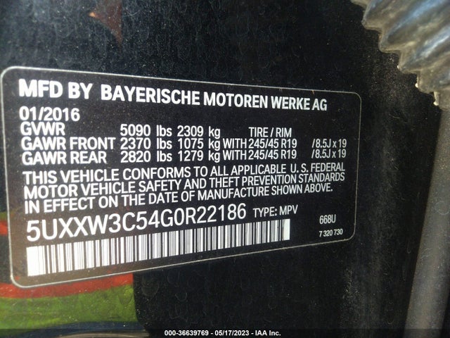 2016 BMW X4, VIN: 5UXXW3C54G0R22186