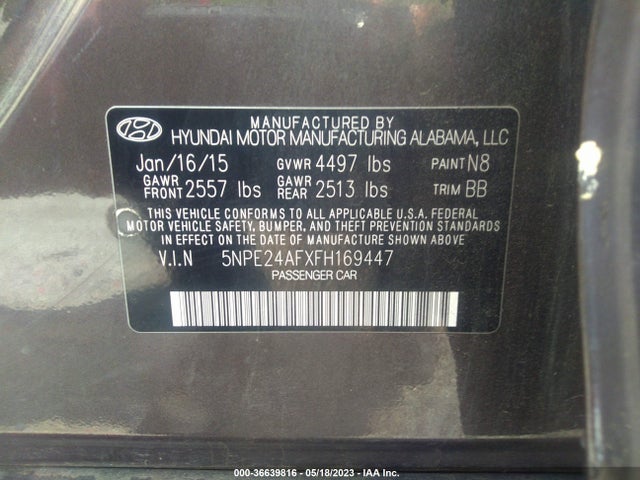 Hyundai Sonata 2.4l Se 2015 5NPE24AFXFH169447 Image 9