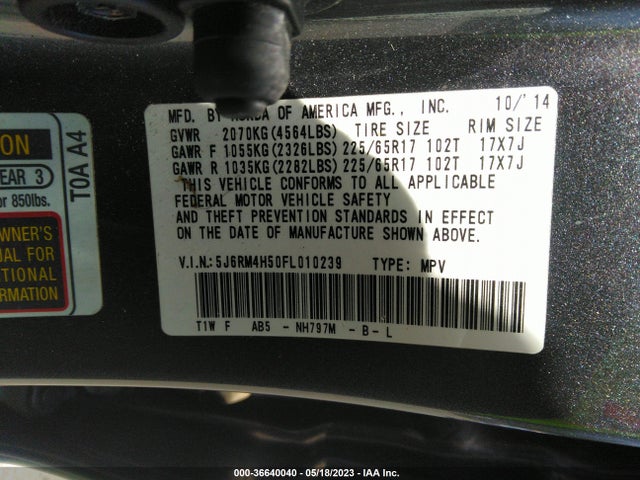 Honda CR-V EX 2015 5J6RM4H50FL010239 Image 9