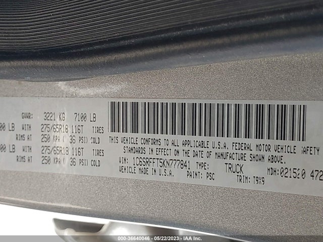 1C6SRFFT5KN777841 RAM 1500 Big Horn/lone Star