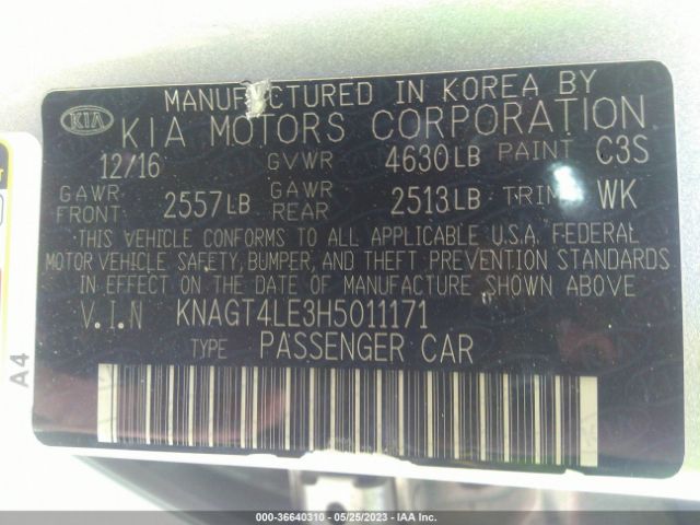 KNAGT4LE3H5011171 KIA Optima Hybrid Base