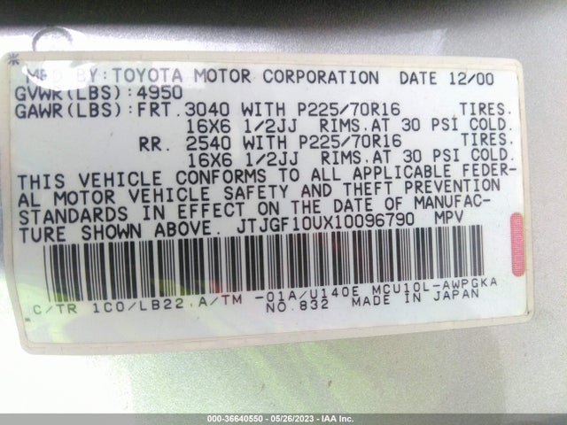 2001 LEXUS RX 300 VIN: JTJGF10UX10096790