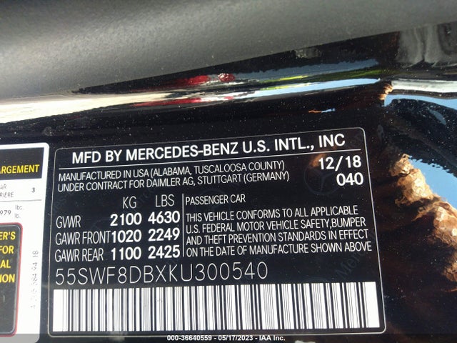 2019 MERCEDES-BENZ C-CLASS C 300 VIN: 55SWF8DBXKU300540