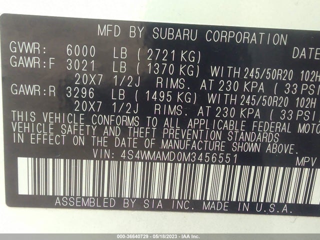 2021 SUBARU ASCENT LIMITED VIN: 4S4WMAMD0M3456551