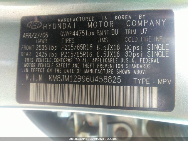 2006 HYUNDAI TUCSON GL VIN: KM8JM12B96U458825