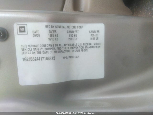 2001 PONTIAC SUNFIRE SE VIN: 1G2JB524417163372