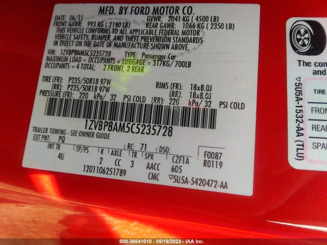 2012 FORD MUSTANG V6 VIN: 1ZVBP8AM5C5235728