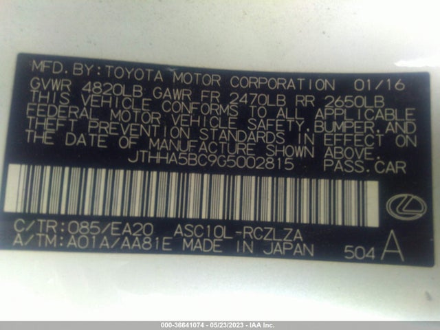 2016 Lexus RC, VIN: JTHHA5BC9G5002815