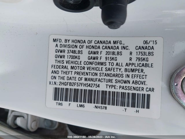 2015 HONDA CIVIC SEDAN LX VIN: 2HGFB2F57FH542754