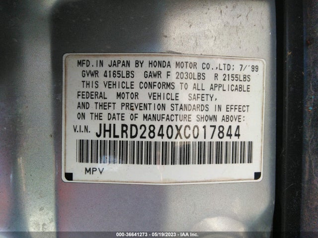 36641273 :رقم المزاد ، JHLRD2840XC017844 vin ، 1999 Honda Cr-v Lx مزاد بيع