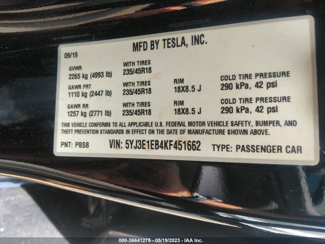 Tesla Model 3 Long Range/performance 2019 5YJ3E1EB4KF451662 Image 9