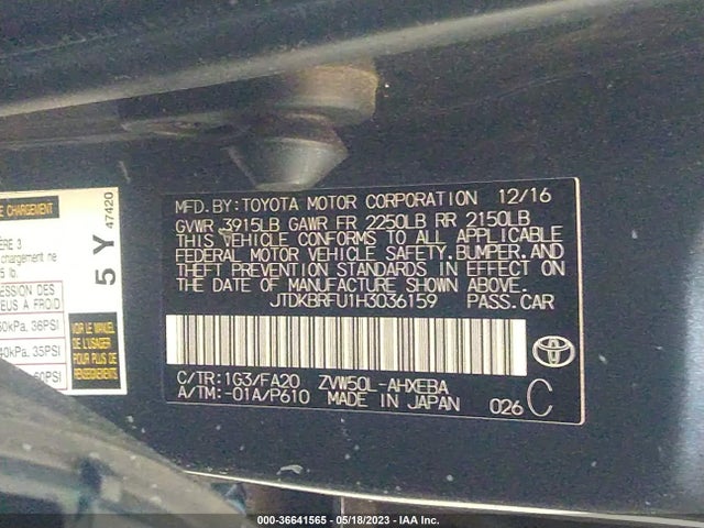 Toyota Prius Two/two Eco/three 2017 JTDKBRFU1H3036159 Image 10