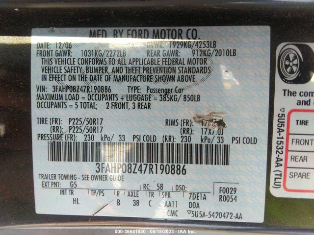 2007 FORD FUSION SEL VIN: 3FAHP08Z47R190886