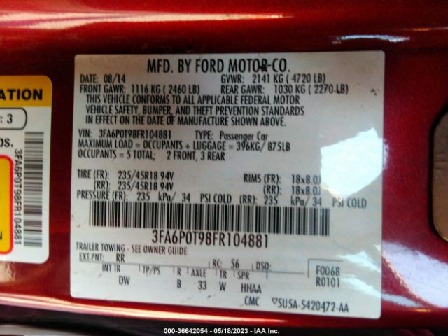 3FA6P0T98FR104881 Ford FUSION SE