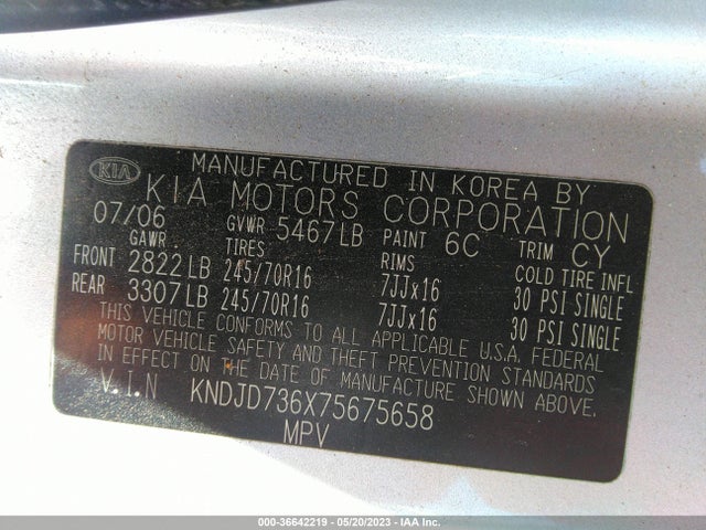 2007 KIA SORENTO LX VIN: KNDJD736X75675658