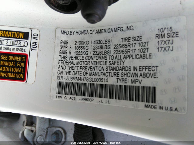 Honda Cr-v Ex-l 2016 5J6RM4H78GL000514 Image 9