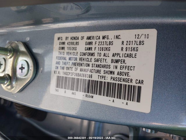 2011 HONDA ACCORD SDN LX VIN: 1HGCP2F36BA068386