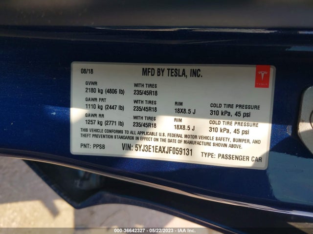 Tesla Model 3 Range Battery 2018 5YJ3E1EAXJF059131 Image 9