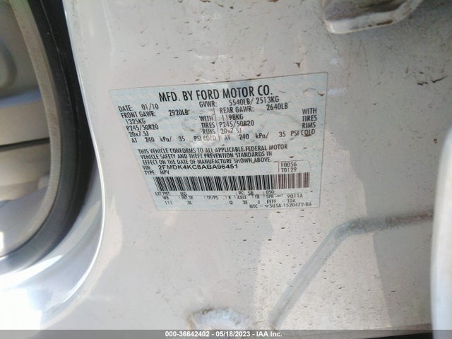 2010 FORD EDGE LIMITED VIN: 2FMDK4KC8ABA96451
