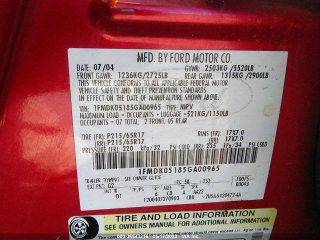 2005 FORD FREESTYLE SEL VIN: 1FMDK05185GA00965