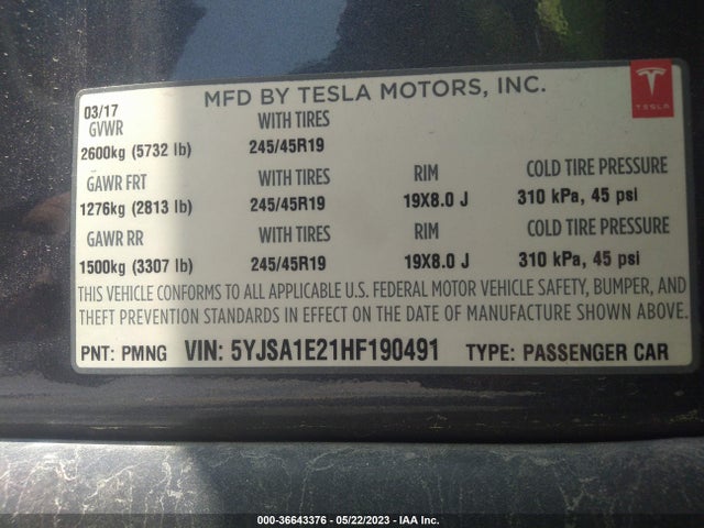 Tesla Model S 100d/90d/75d/60d/p100d 2017 5YJSA1E21HF190491 Image 10