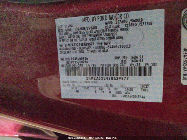 2005 FORD FREESTAR WAGON SEL VIN: 2FMZA52245BA39577