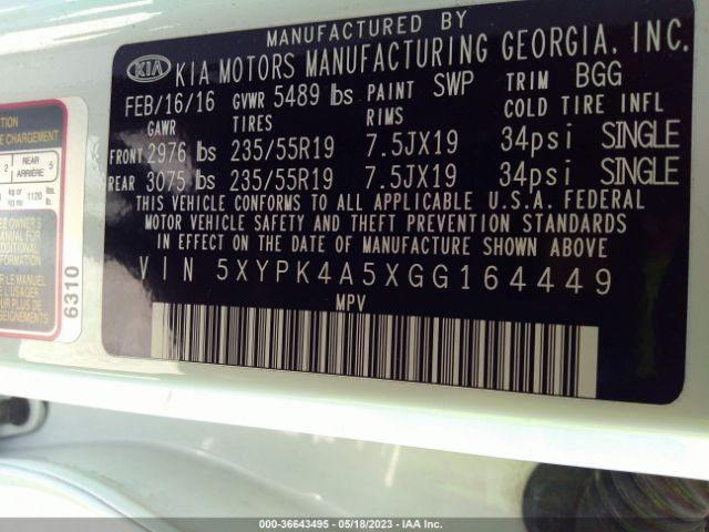 5XYPK4A5XGG164449 KIA SORENTO SX