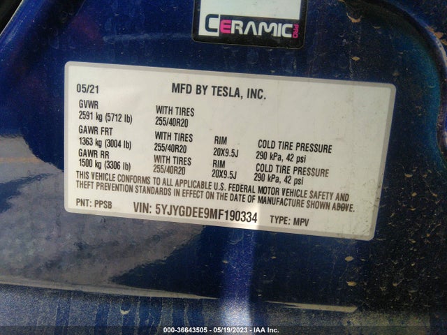 Tesla Model Y Long Range 2021 5YJYGDEE9MF190334 Image 9