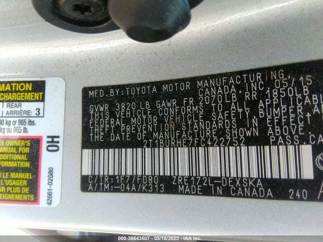 Toyota Corolla L/le/s/s Plus/le Plus 2015 2T1BURHE7FC422752 Image 9