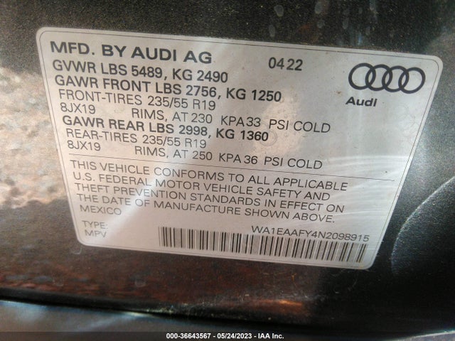 WA1EAAFY4N2098915 Audi Q5 S Line Premium Plus