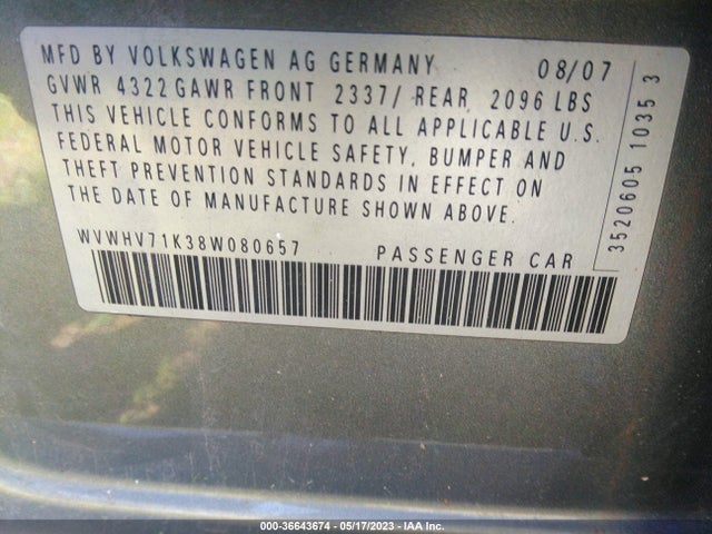 2008 VOLKSWAGEN GTI VIN: WVWHV71K38W080657