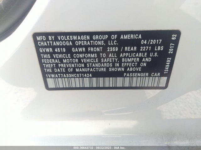 1VWAT7A33HC071424 Volkswagen Passat 1.8t S