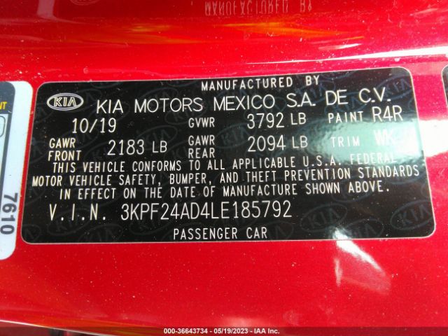 3KPF24AD4LE185792 KIA Forte Lxs