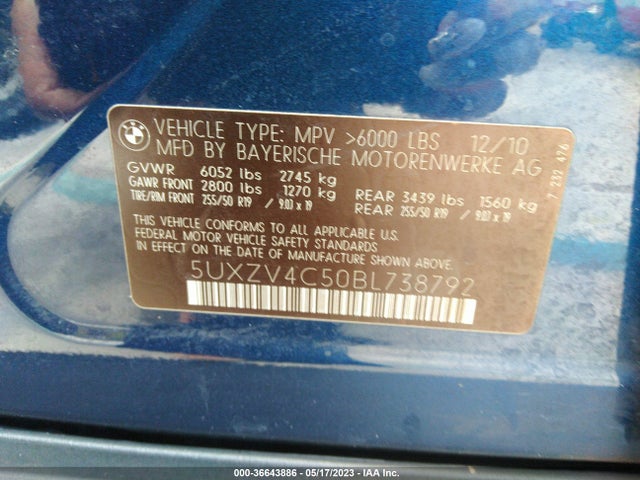 Aukcja sprzedaży 2011 Bmw X5 35i, vin: 5UXZV4C50BL738792, numer aukcji: 36643886