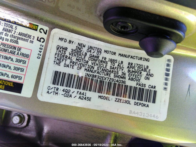 2007 TOYOTA COROLLA CE/S/LE VIN: 1NXBR32EX7Z914036