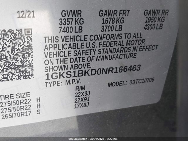 1GKS1BKD0NR166463 GMC YUKON SLT
