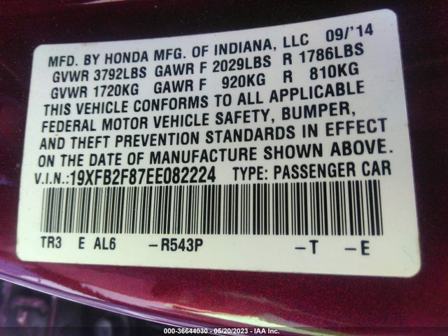 Honda Civic Sedan Ex 2014 19XFB2F87EE082224 Image 9