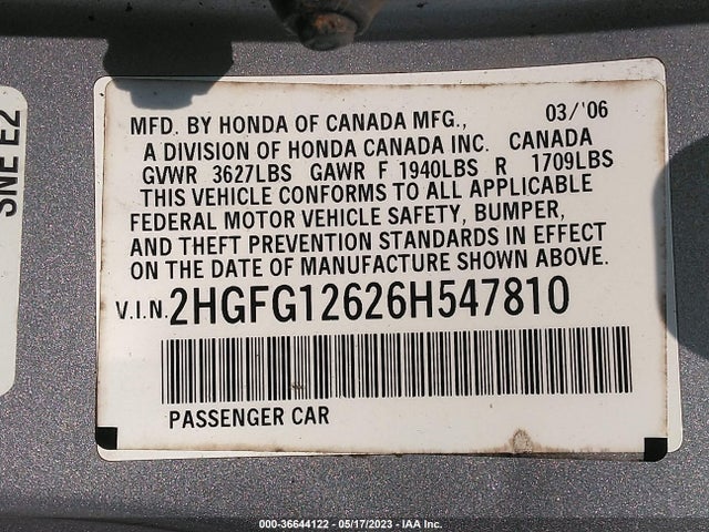 2006 HONDA CIVIC CPE LX VIN: 2HGFG12626H547810