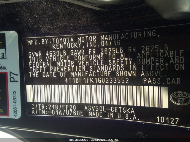 2016 TOYOTA CAMRY XLE/SE/LE/XSE VIN: 4T1BF1FK1GU233552