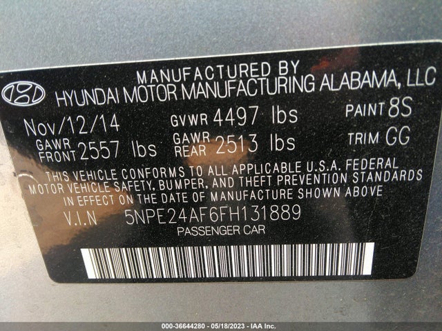 2015 HYUNDAI SONATA 2.4L SE VIN: 5NPE24AF6FH131889