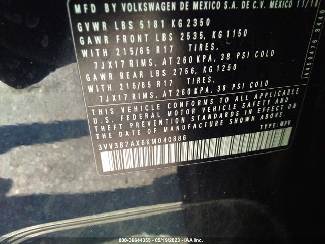 3VV3B7AX6KM040886 Volkswagen Tiguan Se/sel/sel R-line