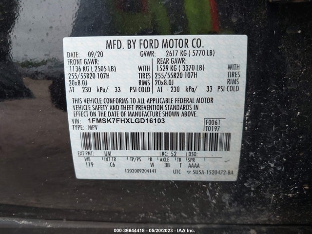 2020 FORD EXPLORER LIMITED VIN: 1FMSK7FHXLGD16103