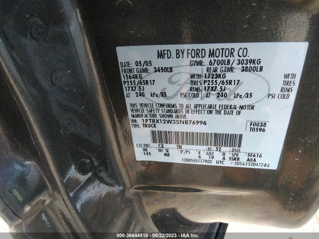 2005 FORD F-150 STX/XLT/XL VIN: 1FTRX12W35NB76996
