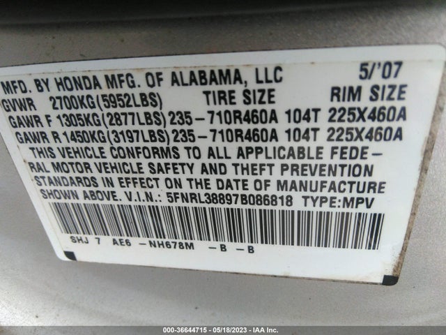 2007 HONDA ODYSSEY TOURING VIN: 5FNRL38897B086818