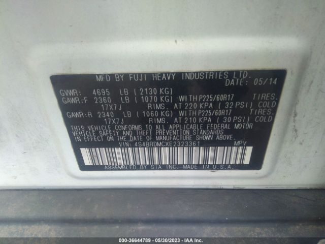 4S4BRDMCXE2323361 Subaru Outback 3.6r Limited