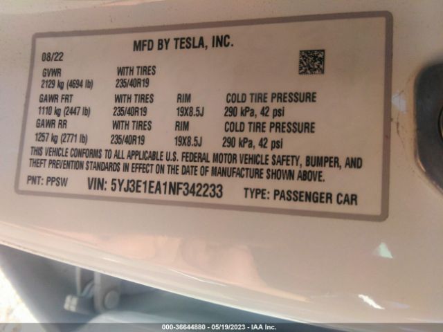 5YJ3E1EA1NF342233 Tesla MODEL 3
