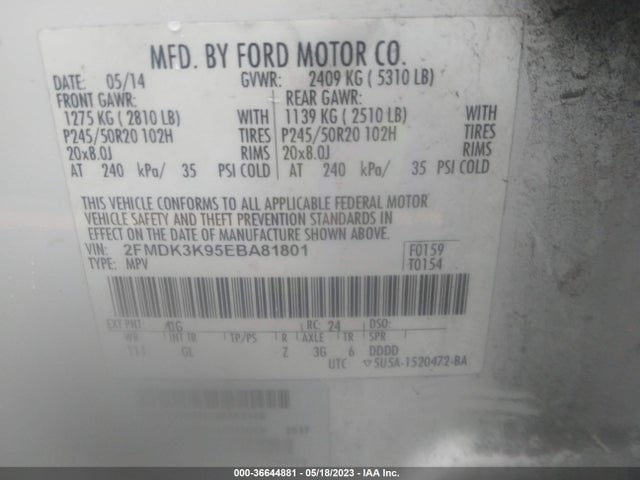 2014 FORD EDGE LIMITED VIN: 2FMDK3K95EBA81801