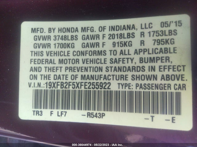 Honda Civic Sedan Lx 2015 19XFB2F5XFE255922 Image 9