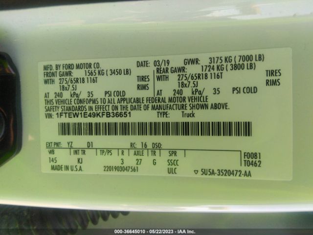 1FTEW1E49KFB36651 Ford F-150 Xl/xlt/lariat