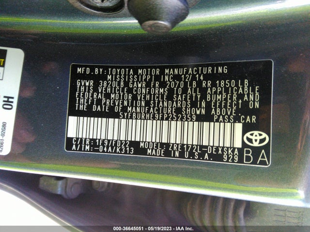 Toyota Corolla L/le/s/s Plus/le Plus 2015 5YFBURHE9FP252359 Image 10